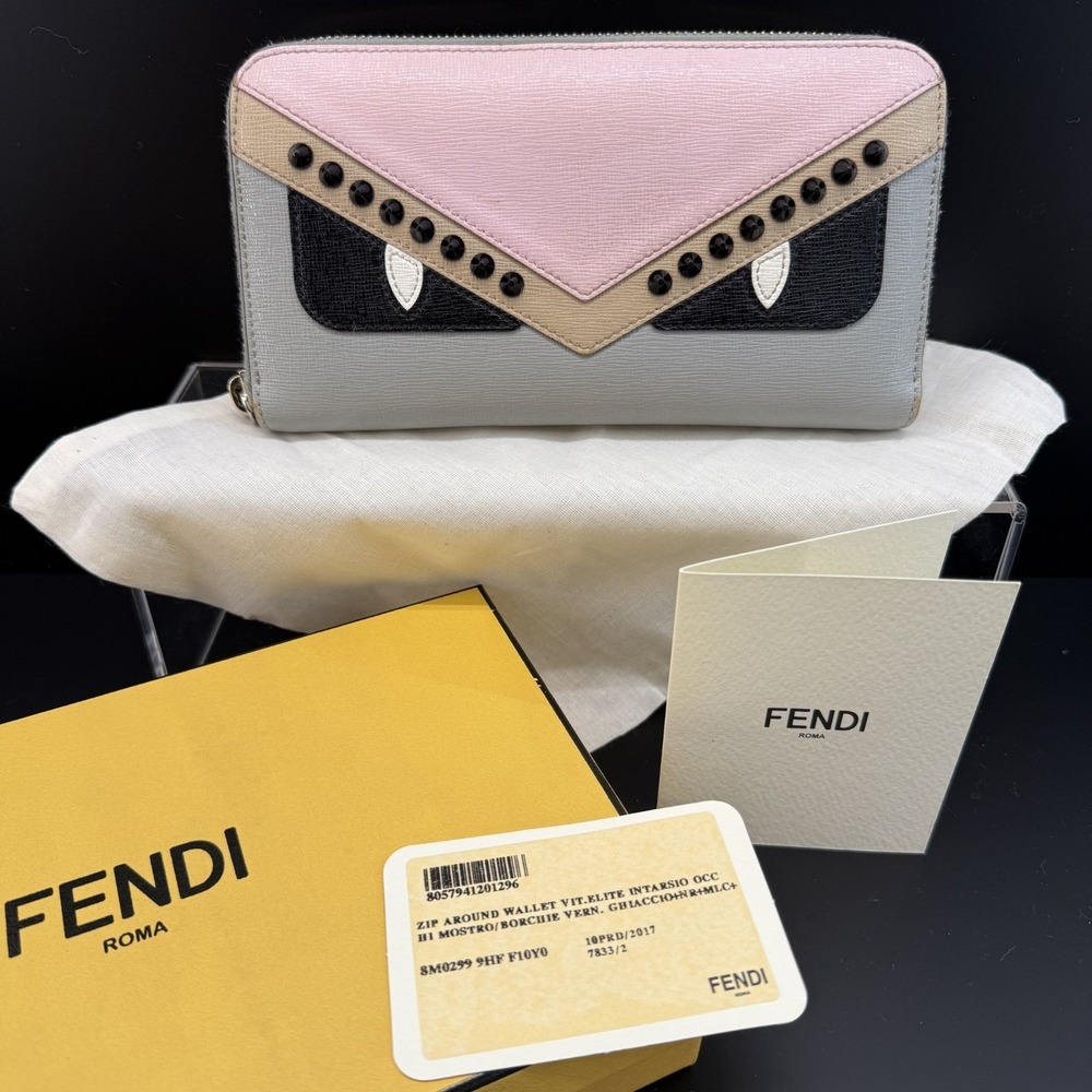 Fendi Monster‎ Zip Around Long Wallet Pink Grey Studs 8M0299 Box Papers